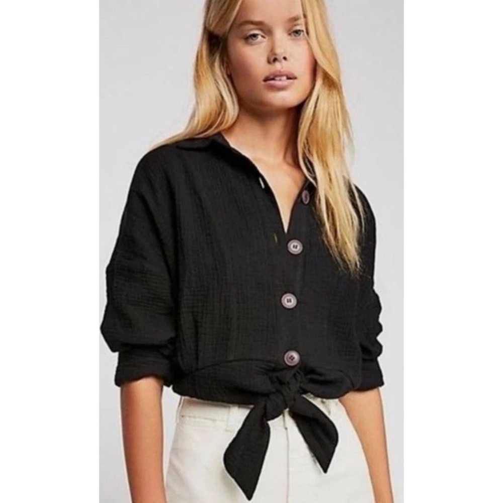 Free People Sun Streaks Top Womens Large Solid Black Gauzy Tie Front Button Up